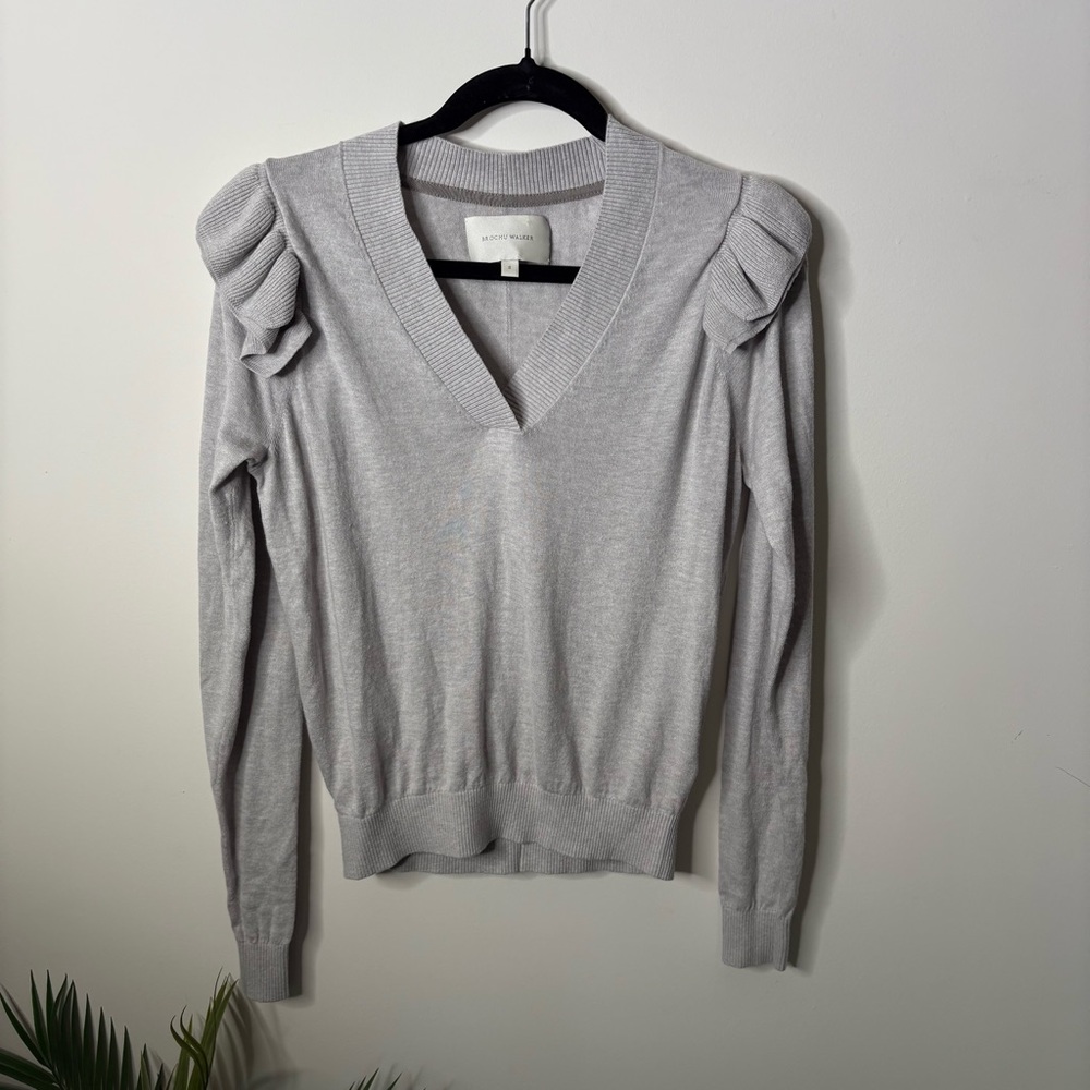 Gray V-Neck Ruffle Shoulder Sweater - Picture 2 of 7